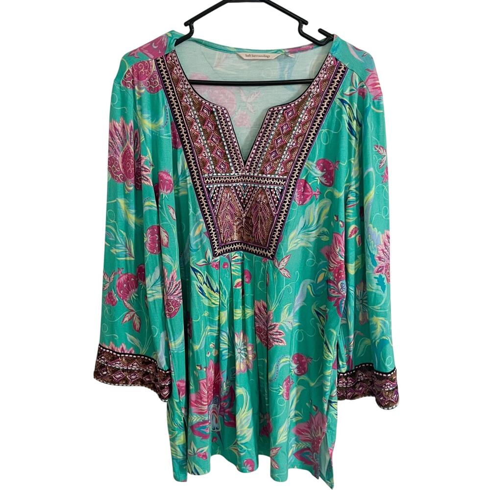 Soft Surroundings Tunic Womens Large Floral Sequin Embellished Embroidery